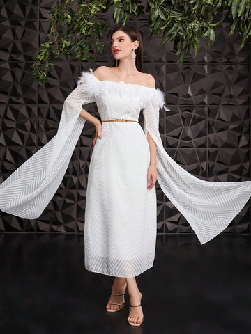 Women's Feather Patchwork Off Shoulder Dress With Long Sleeves