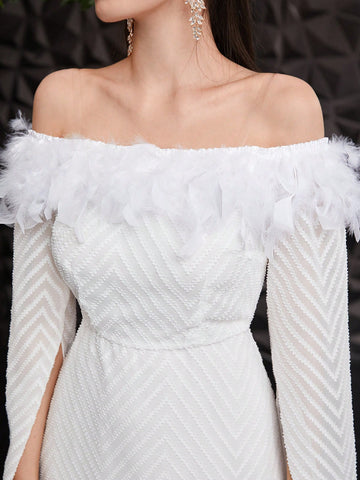 Women's Feather Patchwork Off Shoulder Dress With Long Sleeves