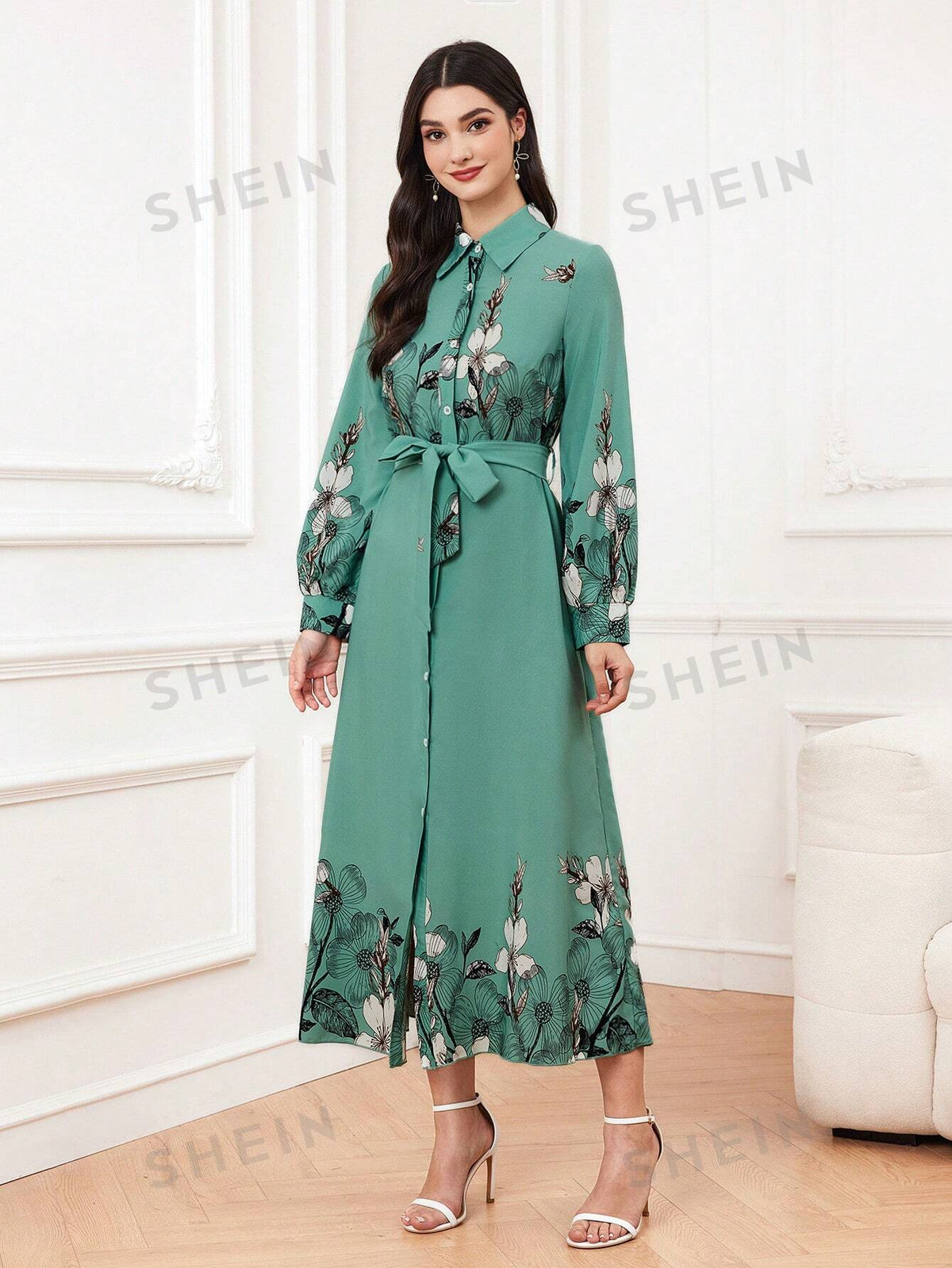 Women's Floral Pattern Long Sleeve Shirt Dress