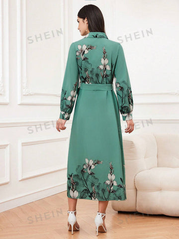 Women's Floral Pattern Long Sleeve Shirt Dress