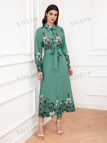 Women's Floral Pattern Long Sleeve Shirt Dress