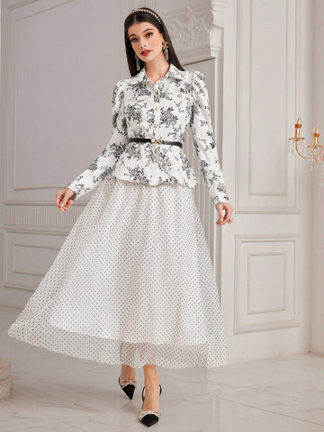 Women's Floral Print Collared Top And Skirt Set