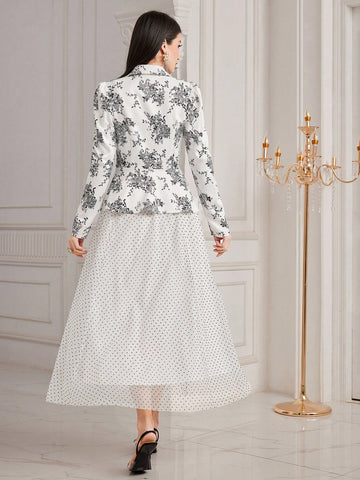 Women's Floral Print Collared Top And Skirt Set