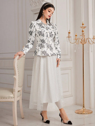 Women's Floral Print Collared Top And Skirt Set