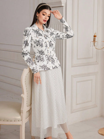 Women's Floral Print Collared Top And Skirt Set