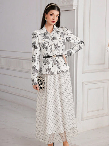 Women's Floral Print Collared Top And Skirt Set