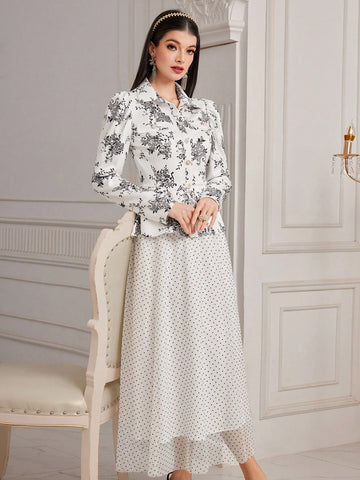 Women's Floral Print Collared Top And Skirt Set