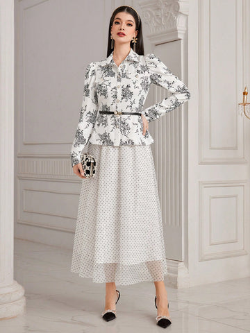 Women's Floral Print Collared Top And Skirt Set