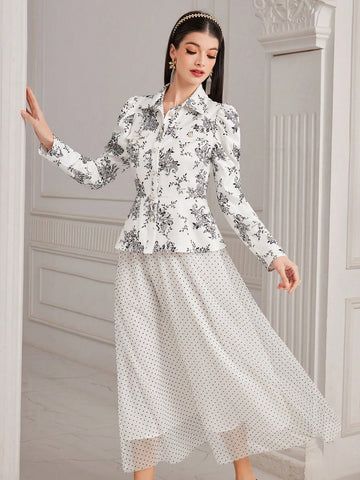 Women's Floral Print Collared Top And Skirt Set