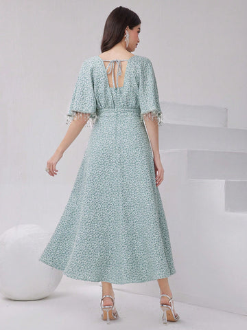 Women's Floral Print Dress With Rhinestone & Tassel Decoration