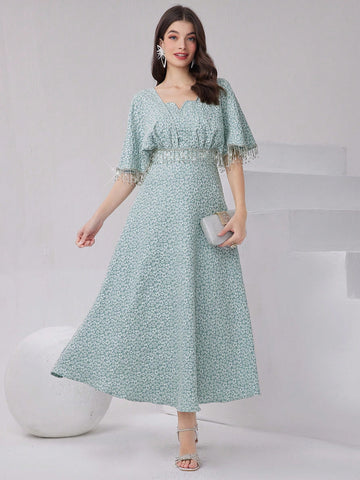 Women's Floral Print Dress With Rhinestone & Tassel Decoration