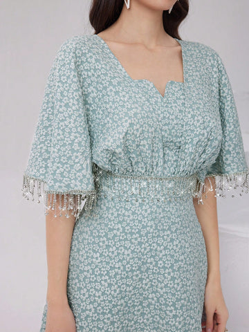 Women's Floral Print Dress With Rhinestone & Tassel Decoration