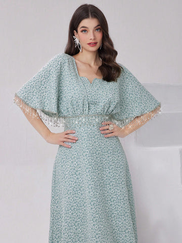 Women's Floral Print Dress With Rhinestone & Tassel Decoration