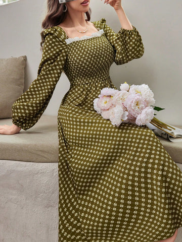Women's Floral Print Lantern Sleeve Dress