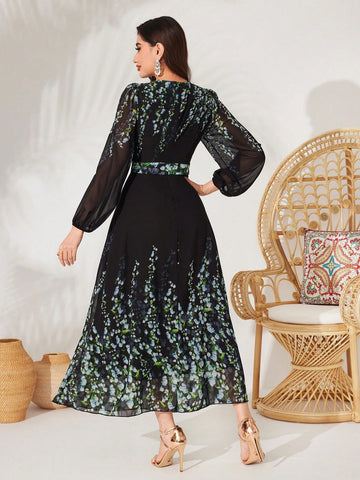 Women's Floral Print Lantern Sleeve Dress