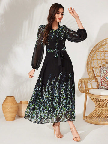 Women's Floral Print Lantern Sleeve Dress