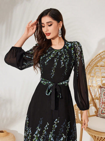 Women's Floral Print Lantern Sleeve Dress