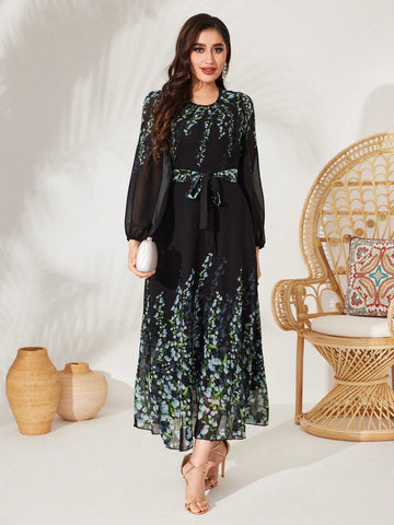 Women's Floral Print Lantern Sleeve Dress