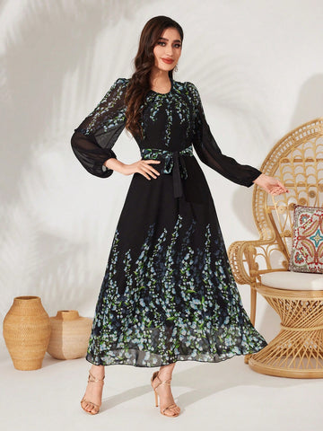 Women's Floral Print Lantern Sleeve Dress