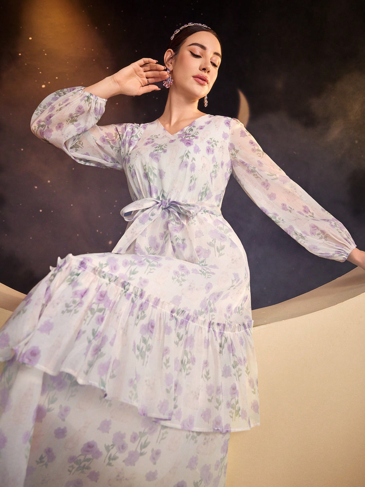 Women's Floral Print Multi-Layered Ruffled Hem Lantern Sleeve Dress