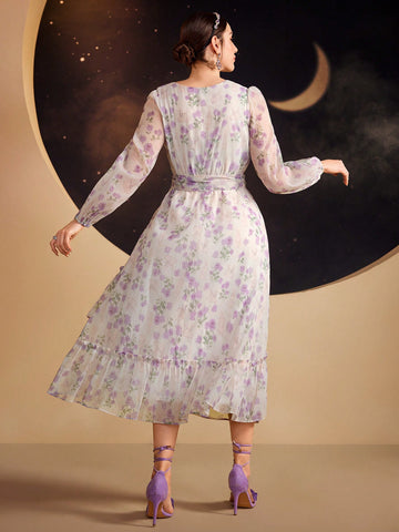 Women's Floral Print Multi-Layered Ruffled Hem Lantern Sleeve Dress