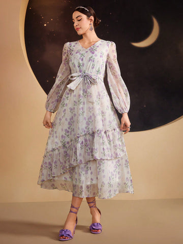 Women's Floral Print Multi-Layered Ruffled Hem Lantern Sleeve Dress