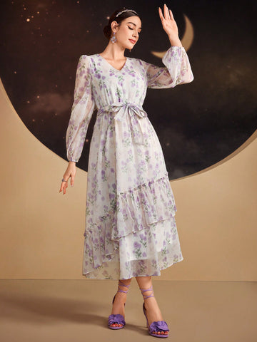 Women's Floral Print Multi-Layered Ruffled Hem Lantern Sleeve Dress