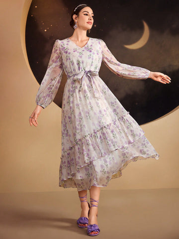 Women's Floral Print Multi-Layered Ruffled Hem Lantern Sleeve Dress
