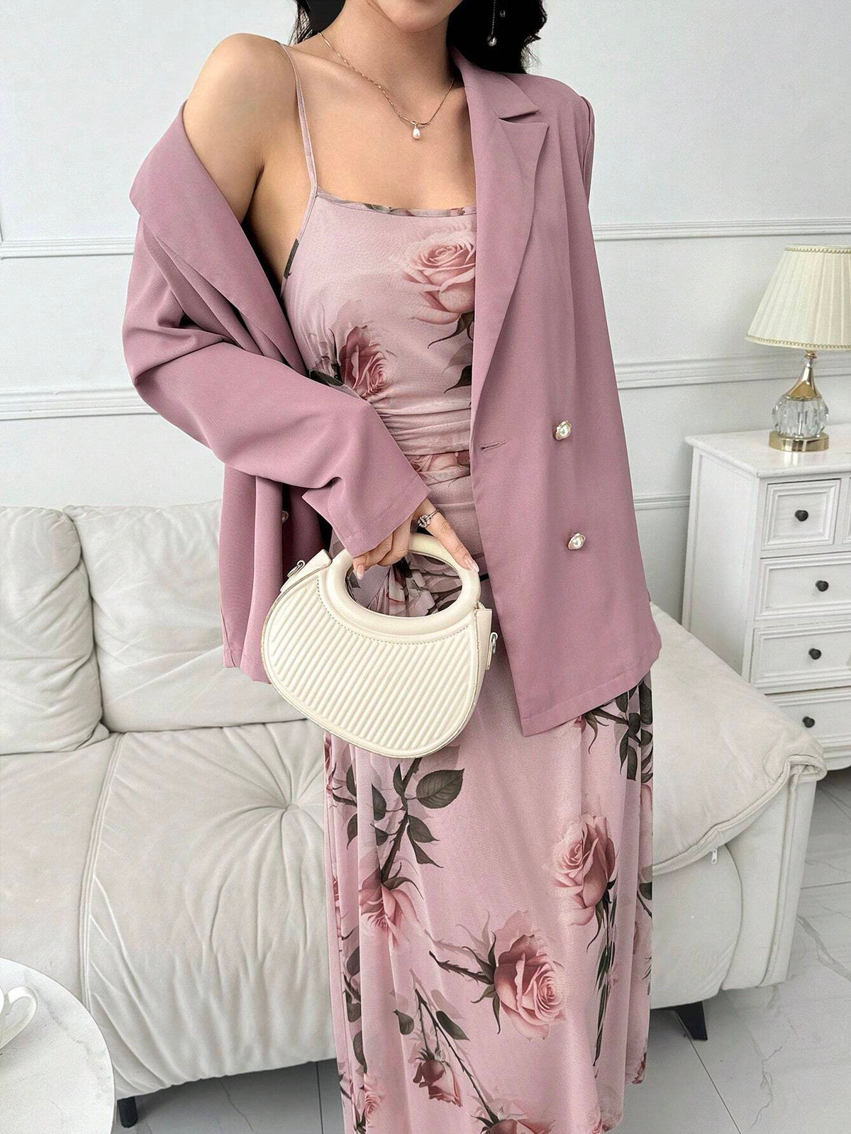 Women's Floral Print Spaghetti Strap Dress With Solid Color Long Sleeve Jacket 2pcs/Set