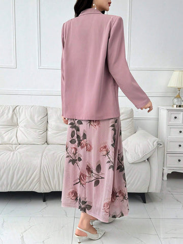 Women's Floral Print Spaghetti Strap Dress With Solid Color Long Sleeve Jacket 2pcs/Set