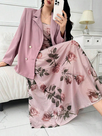 Women's Floral Print Spaghetti Strap Dress With Solid Color Long Sleeve Jacket 2pcs/Set