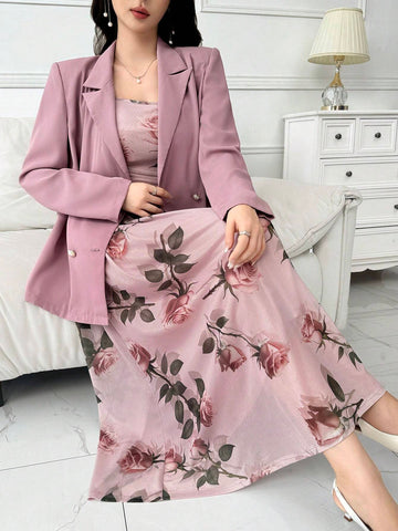 Women's Floral Print Spaghetti Strap Dress With Solid Color Long Sleeve Jacket 2pcs/Set