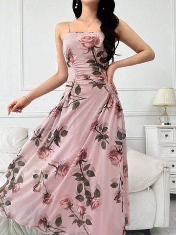 Women's Floral Print Spaghetti Strap Dress With Solid Color Long Sleeve Jacket 2pcs/Set