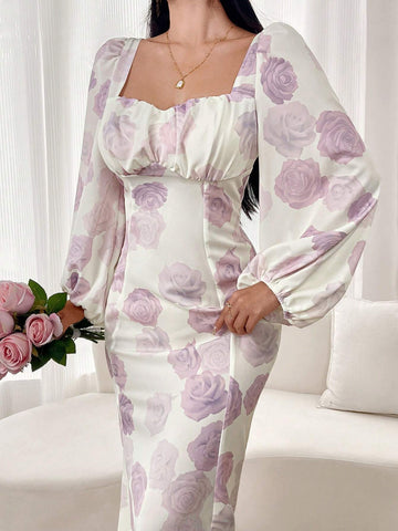Women's Floral Print Square Neck Long Sleeve Midi Dress