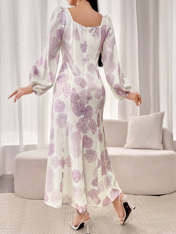 Women's Floral Print Square Neck Long Sleeve Midi Dress