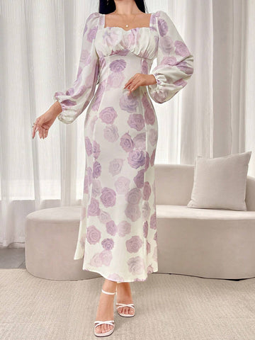 Women's Floral Print Square Neck Long Sleeve Midi Dress