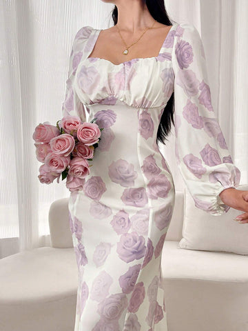 Women's Floral Print Square Neck Long Sleeve Midi Dress