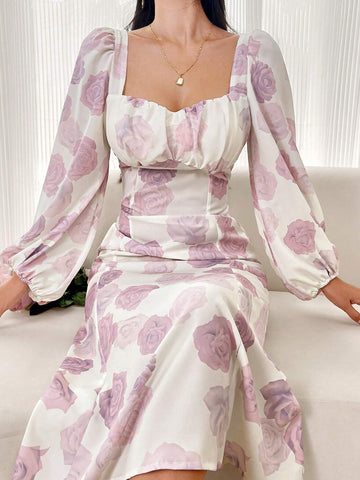 Women's Floral Print Square Neck Long Sleeve Midi Dress