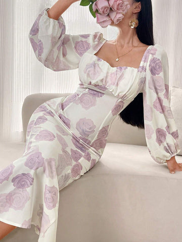 Women's Floral Print Square Neck Long Sleeve Midi Dress