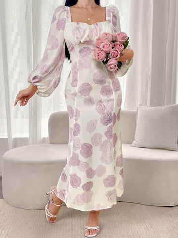 Women's Floral Print Square Neck Long Sleeve Midi Dress