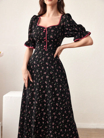 Women's Floral Print Sweetheart Neckline Dress