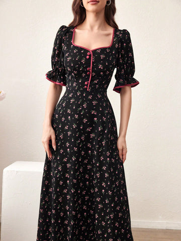 Women's Floral Print Sweetheart Neckline Dress