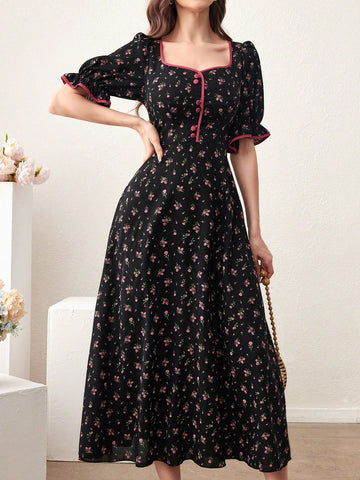 Women's Floral Print Sweetheart Neckline Dress