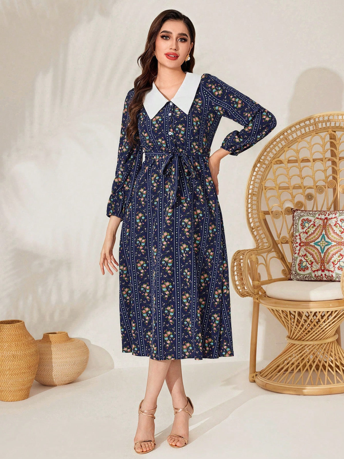 Women's Floral Printed Contrast Collar Dress
