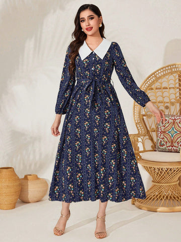 Women's Floral Printed Contrast Collar Dress