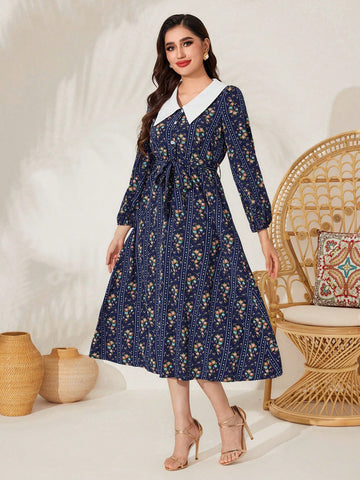 Women's Floral Printed Contrast Collar Dress