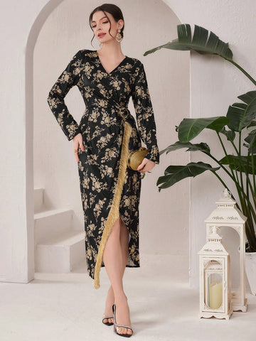 Women's Floral Printed Fringed Hem Dress
