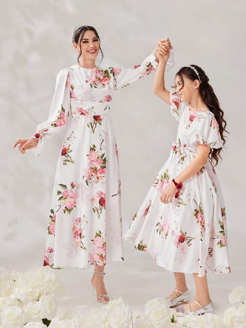 Women's Floral Printed Round Neck Long Sleeve Dress