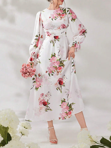 Women's Floral Printed Round Neck Long Sleeve Dress