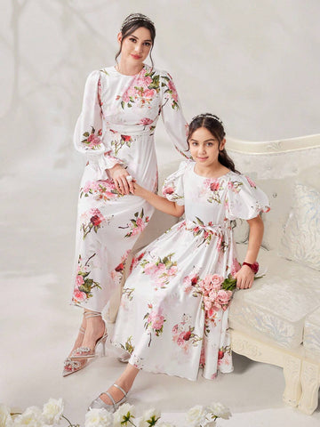 Women's Floral Printed Round Neck Long Sleeve Dress